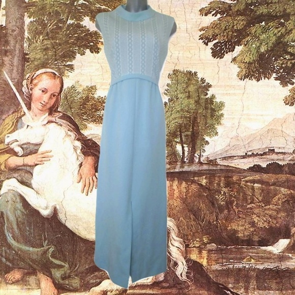 Vintage Dresses & Skirts - vintage mod slit maxi dress silver blue size large